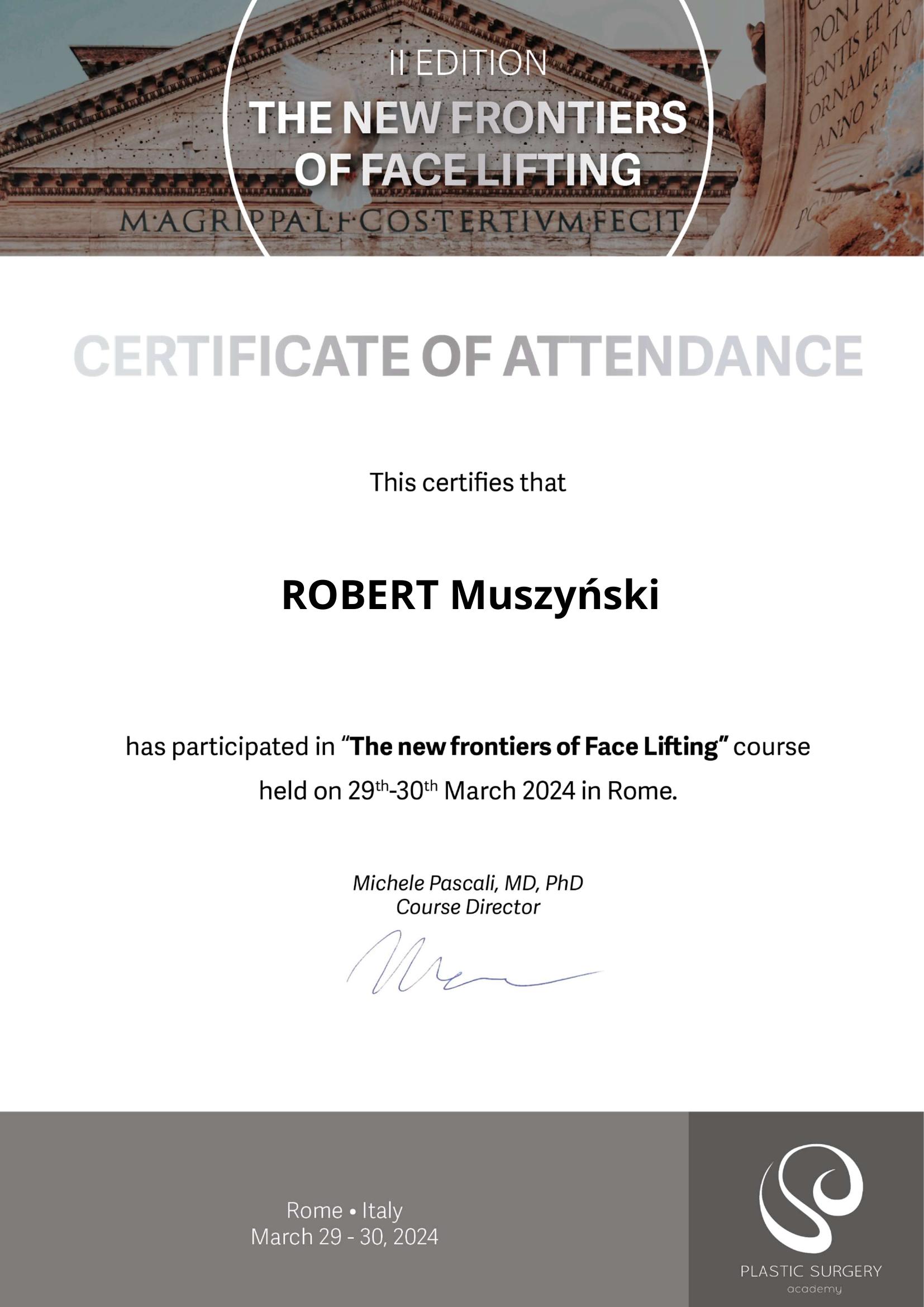 Certyfikat The New Frontiers of Face Lifting 2024